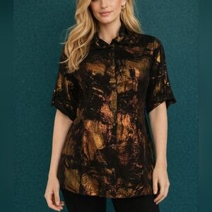 VTG TATA JOLIE 1990s Metallic Snap Button Cinch Collar Linen Holiday Shirt